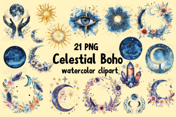 Download Celestial Boho Watercolor Clipart Bundle - Clipart Collection