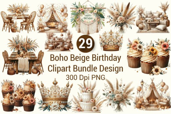 Download Boho Beige Birthday Clipart Bundle PNG - Clipart Collection