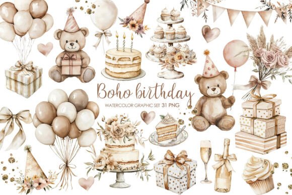 Download Boho Beige Birthday Party Clipart. - Clipart Collection
