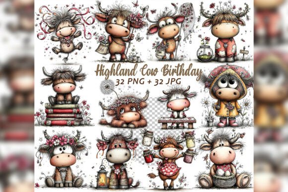 Download Whimsical Highland Cow Birthday Clipart - Clipart Collection