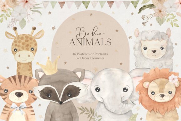 Download Boho Animal Portraits Watercolor Clipart - Clipart Collection
