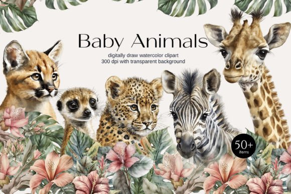 Download Watercolor Safari Baby Animals Clipart - Clipart Collection