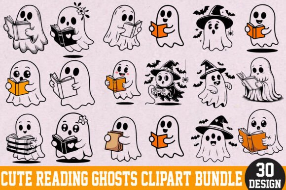 Download Cute Reading Ghosts Clipart Bundle. - Clipart Collection