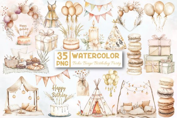 Download Boho Beige Birthday Party Clipart - Clipart Collection