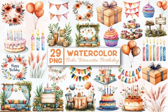 Download Boho Terracotta Birthday Clipart Bundle - Clipart Collection